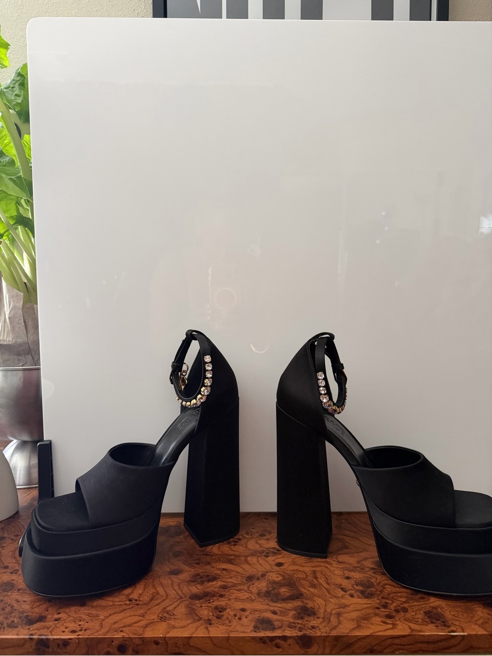 Versace Black Platform Block-Heel Sandals with Gold Chain Ankle Strap - Picture 7 of 13